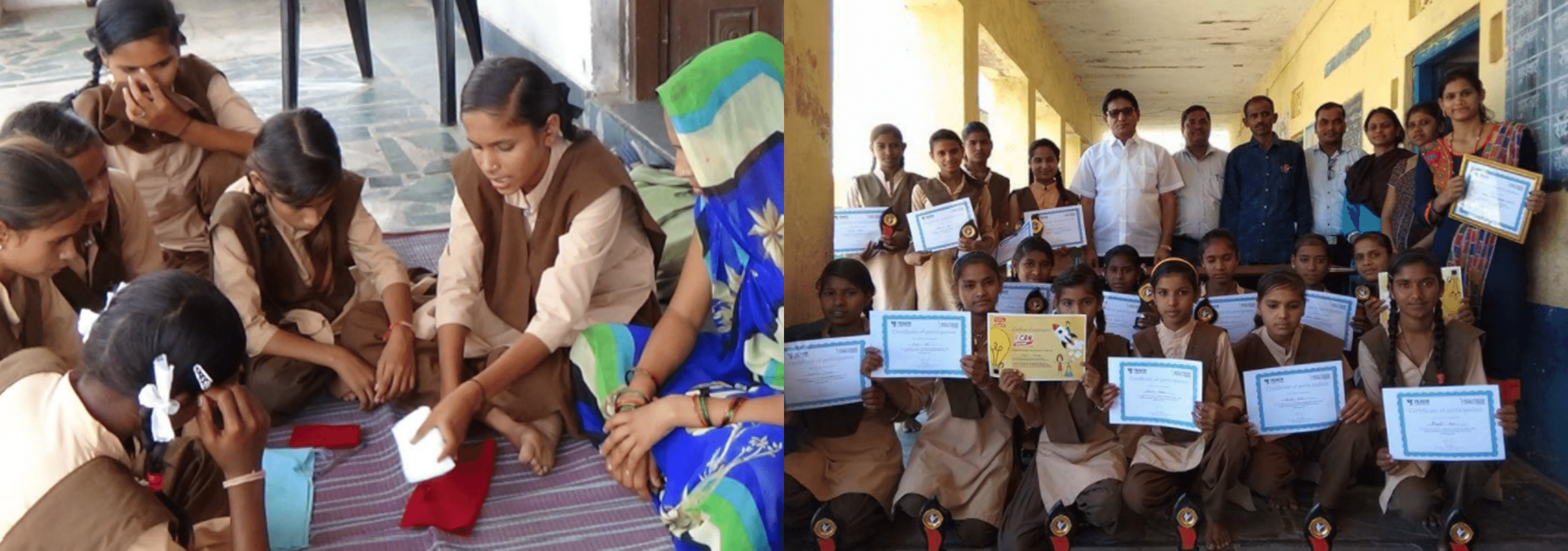 Young entrepreneurs from GGUPS Sallada School making their sanitary towels and their certificates